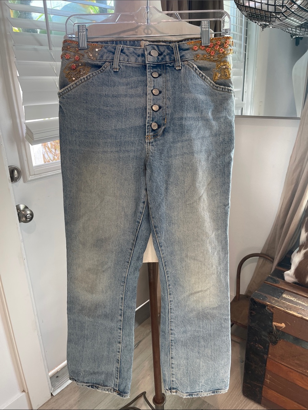 Beautiful Free People Embellished and Embroidered High-Waist Jeans